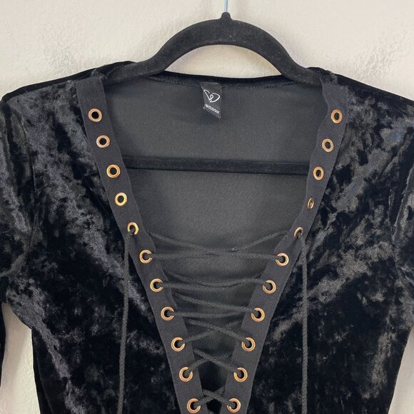 Vintage Y2K Windsor Womens Medium Black Velvet Lace Up Bodysuit Goth Vamp - Picture 10 of 12